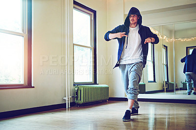 Buy stock photo Break dance, hip hop and man in studio with practice for concert, recital or performance at art school. Energy, music and male dancer moving to song, playlist or radio for rehearsal with rhythm.