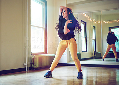Buy stock photo Woman, dancing and class with hip hop for practice and alone, mirror with reflection and workout. Female dancer, performance and studio with glass for exercise, moving with freedom in New York City