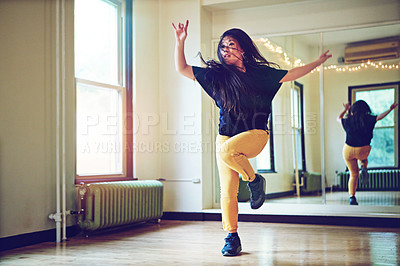 Buy stock photo Female dancer, dancing and studio with hip hop for practice and alone, mirror with reflection and workout. Woman, performance and class with glass for exercise, moving with freedom in New York City