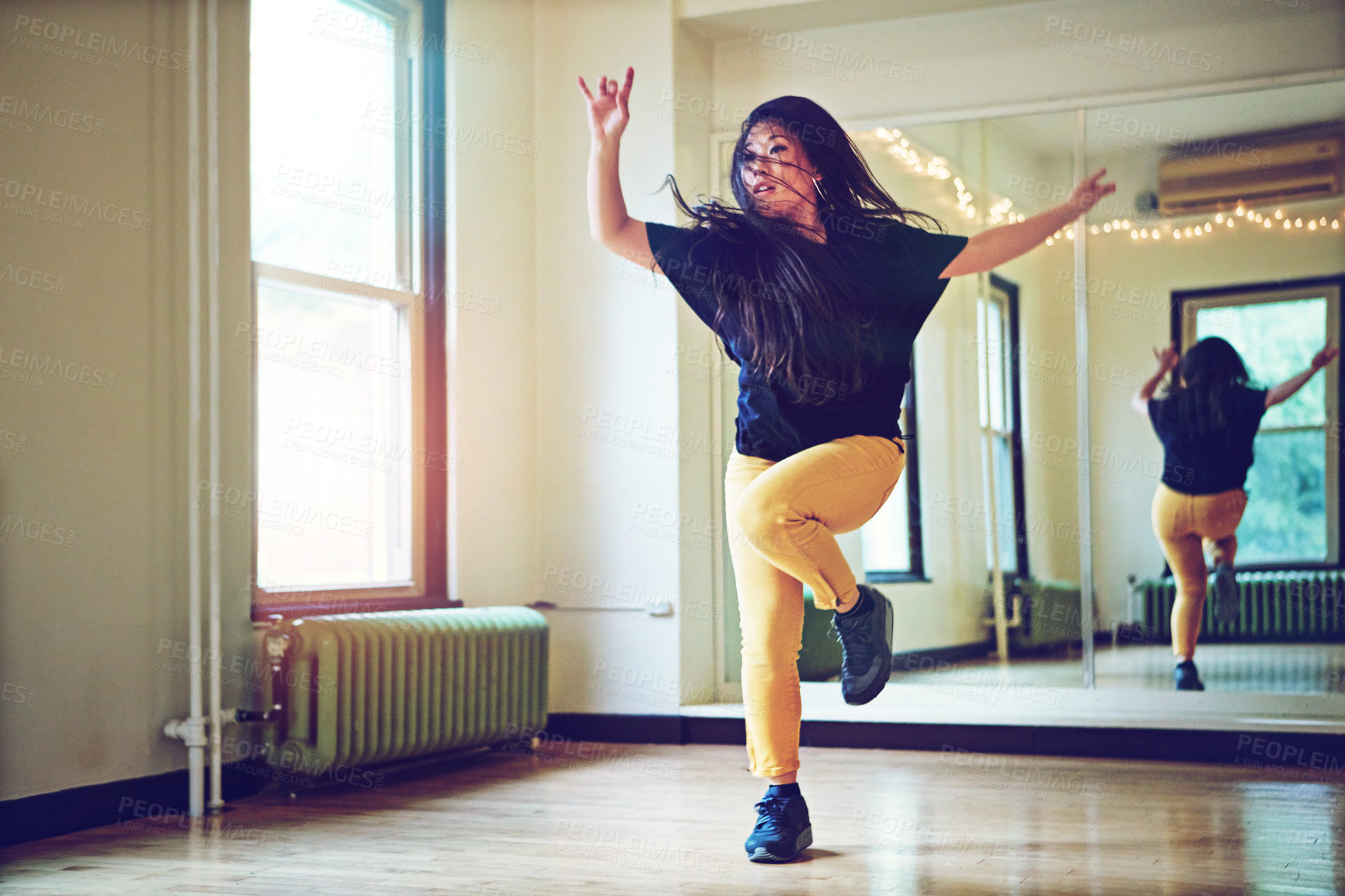 Buy stock photo Female dancer, dancing and studio with hip hop for practice and alone, mirror with reflection and workout. Woman, performance and class with glass for exercise, moving with freedom in New York City