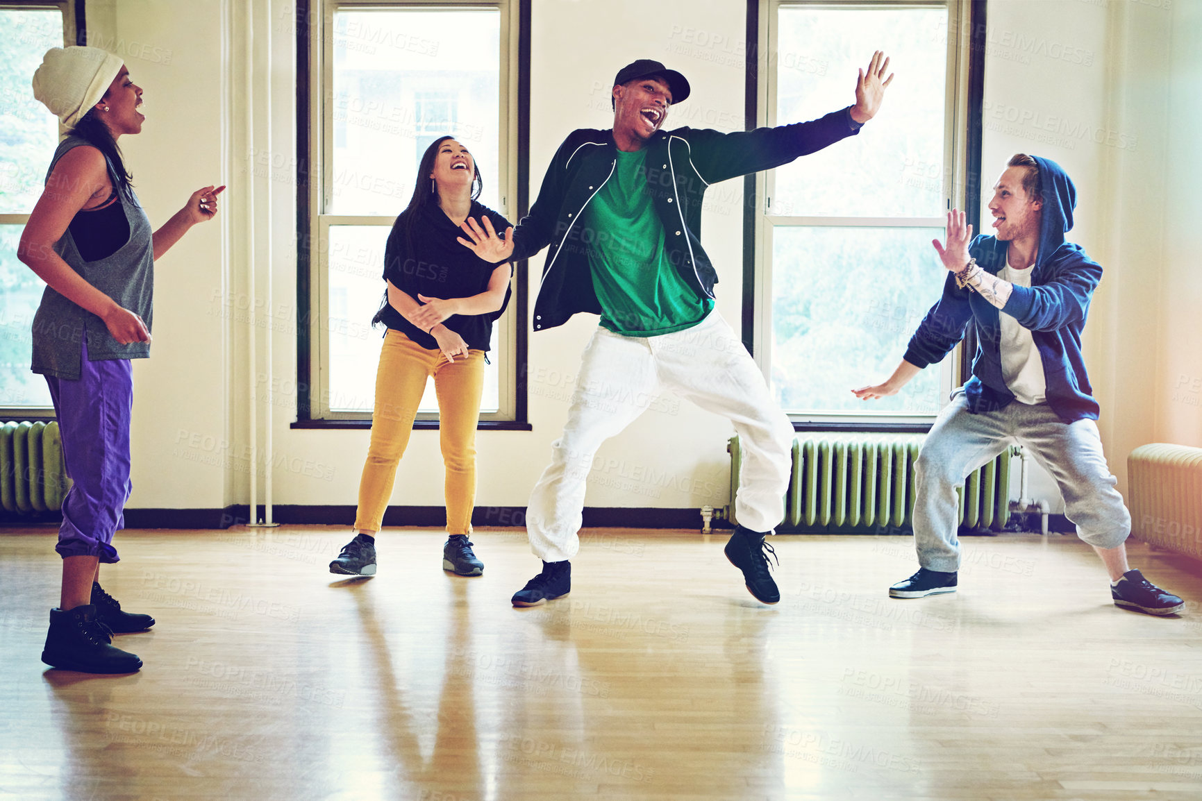 Buy stock photo Hip hop, class and group dance energy, talent and performance and movement art practice for competition. Dancer, music and culture with diversity or friends together, fun and expression for joy