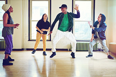 Buy stock photo Hip hop, class and group dance movement, talent and performance and art practice together for competition. Dancer, music and people with diversity friends with energy, fun and expression for joy