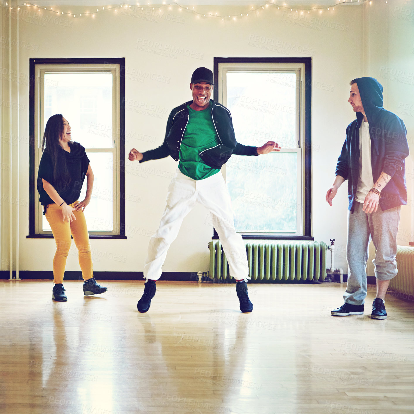 Buy stock photo Hiphop, class and group dancer together, talent and performance and movement art practice for competition. Dance, music and culture with diversity friends with energy, fun and expression for joy