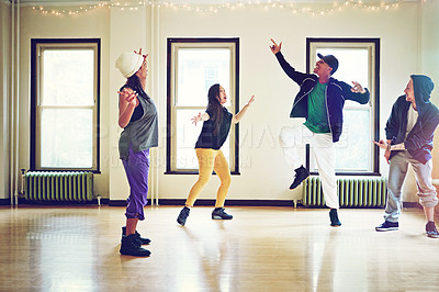 Buy stock photo Hiphop, class and group dance motion, talent and performance and movement art practice for competition. Dancer, music and culture with diversity friends with energy, fun and expression for joy