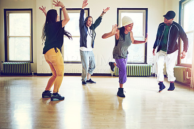 Buy stock photo Hiphop, class and group dancing motion, talent and performance and movement art practice for competition. Dancer, music and culture with diversity friends with energy, fun and expression for joy