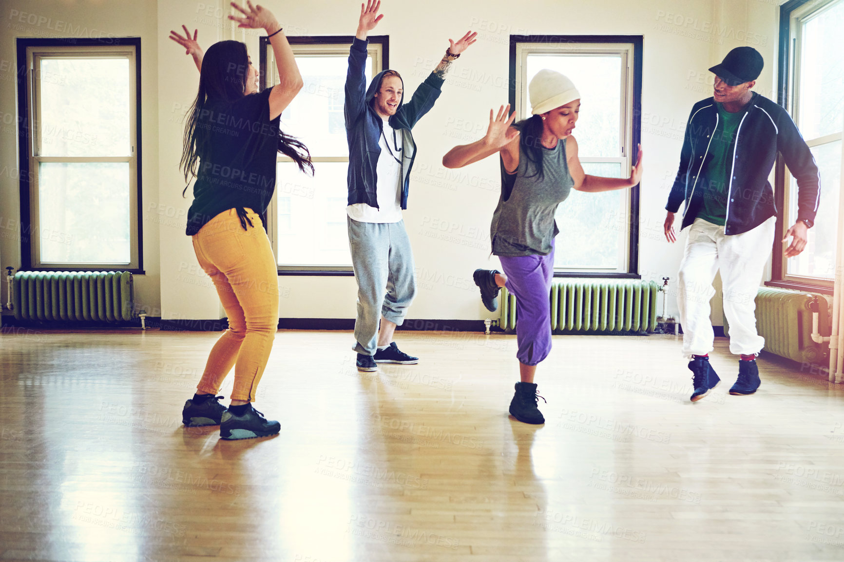 Buy stock photo Hiphop, class and group dancing motion, talent and performance and movement art practice for competition. Dancer, music and culture with diversity friends with energy, fun and expression for joy