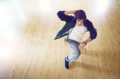 Buy stock photo Hip hop, man and dancer with movement for performance, practice and dancing with rhythm, creative and balance for competition. Male artist, freedom and moving to music, energy and talent for battle