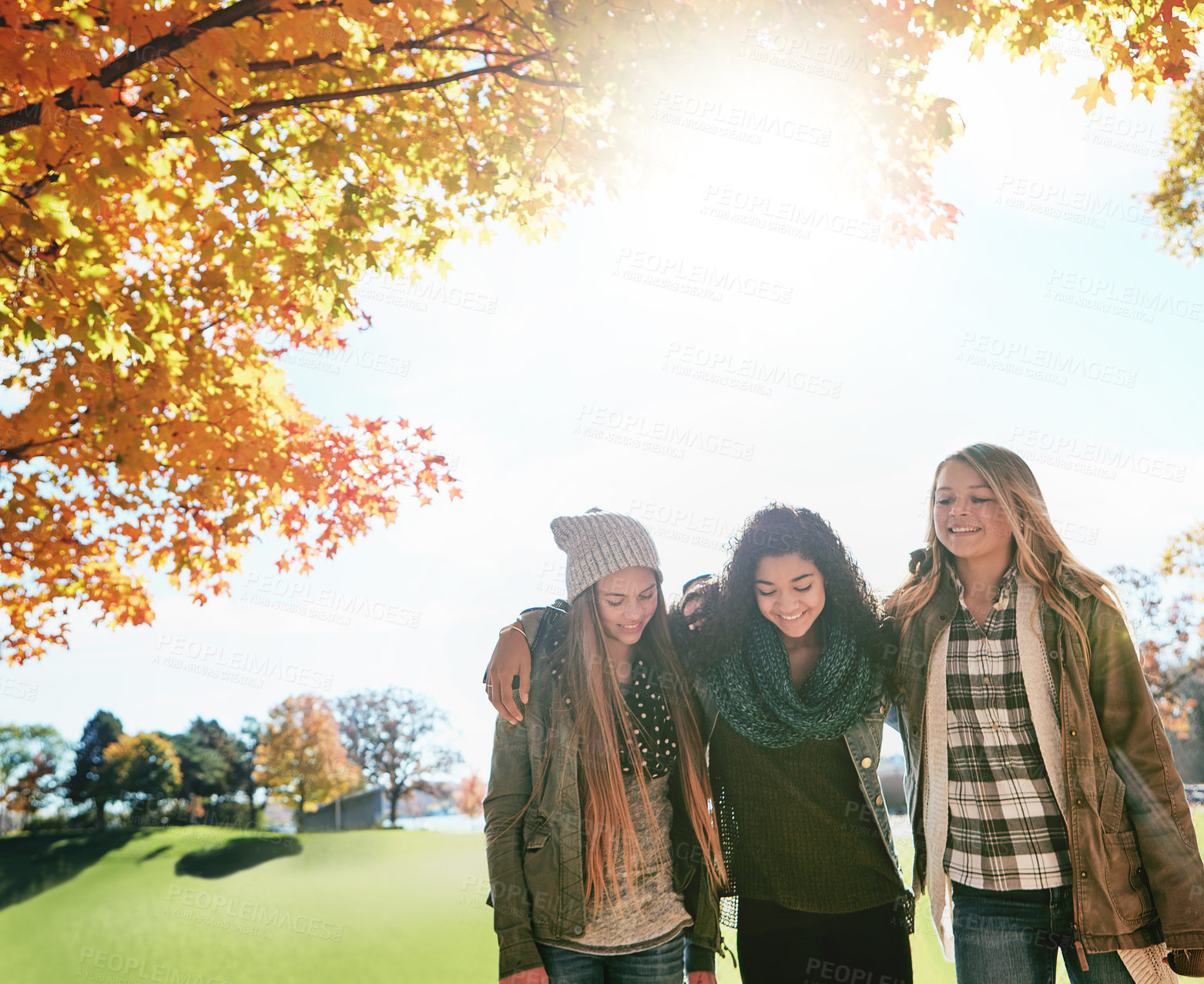 Buy stock photo Shot of a group of young friends enjoying a day at the park together