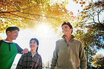 Buy stock photo Shot of a group of young friends enjoying a day at the park together