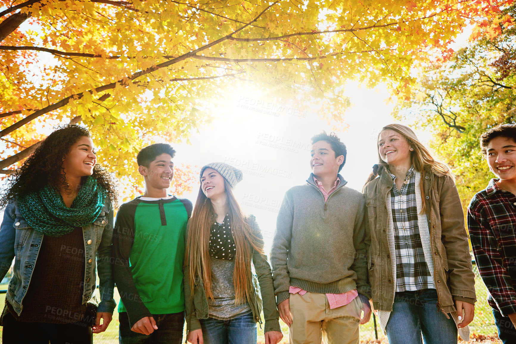 Buy stock photo Tree, happy and group of teen in park for outdoor bonding, friendship or vacation together. Flare, smile and friends with diversity in nature for adventure, support or break on weekend in Manhattan