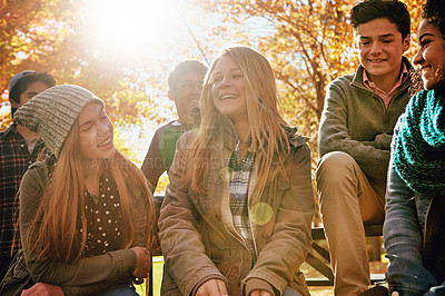 Buy stock photo Shot of a group of young friends enjoying a day at the park together