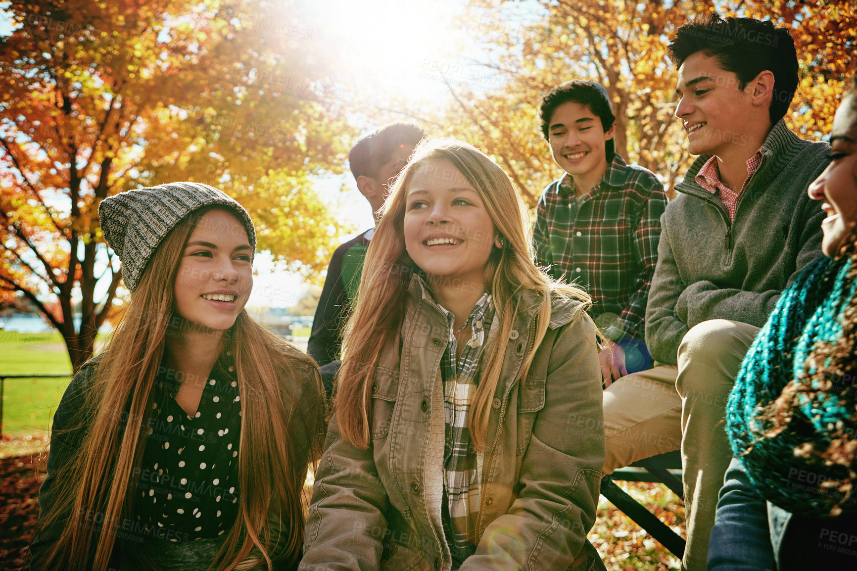 Buy stock photo Talking, happy and friends outdoor in park for relaxing day on summer vacation of semester break, together and bonding. Group, diversity and trees in garden on holiday in New Zealand and lens flare.