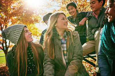 Buy stock photo Happy, teenagers and friends outdoor in park for relaxing day on summer vacation of semester break, together and speaking. Group, diversity and trees in garden on holiday in New Zealand and bonding.