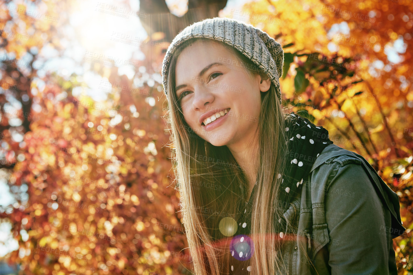 Buy stock photo A group of Shot of a happy teenage girl enjoying an autumn day in the park friends enjoying the outdoors together