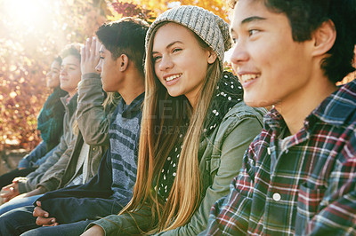 Buy stock photo Smile, row and friends outdoor in park for relaxing day on summer vacation of semester break, together and happiness. Group, teenagers and trees in garden on holiday in New Zealand and bonding.