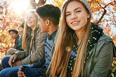 Buy stock photo Teenager, group and portrait in park, girl and diversity on holiday, nature and relax by trees. Youth culture, happy friends and gen z school kids in sunshine, woods or garden for vacation in Canada