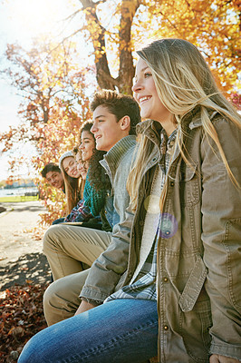 Buy stock photo Nature, outdoor and group of teenagers on vacation, adventure or weekend trip together in Autumn. Smile, travel and young friends on holiday sit in garden, park or field in New Zealand countryside.