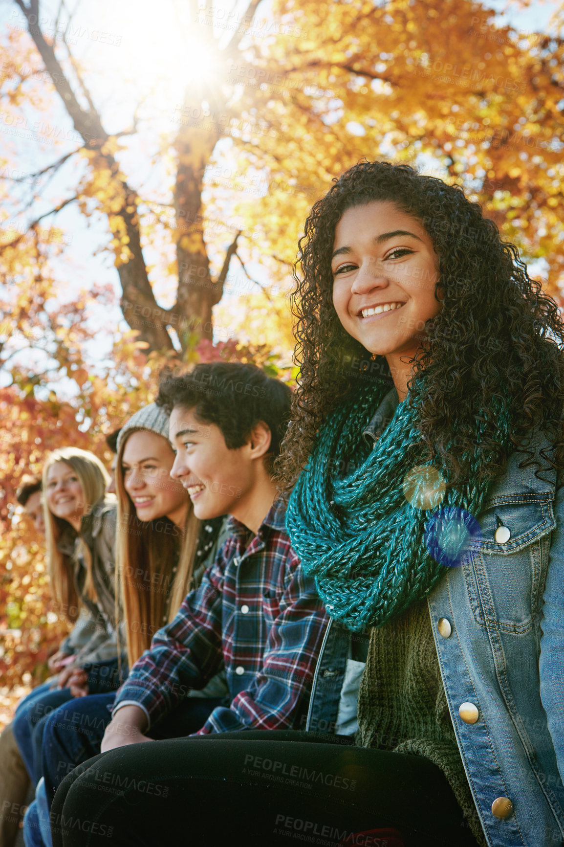 Buy stock photo Nature, countryside and group of teenagers on vacation, adventure or weekend trip together in Autumn. Smile, travel and young friends on kids holiday in outdoor garden, park or field in New Zealand.