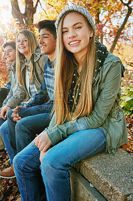 Buy stock photo Portrait, smile and friends with autumn, forest and nature for college break and bonding. Group, park and diversity with confident, gen z and Canada vacation or university holiday together in woods