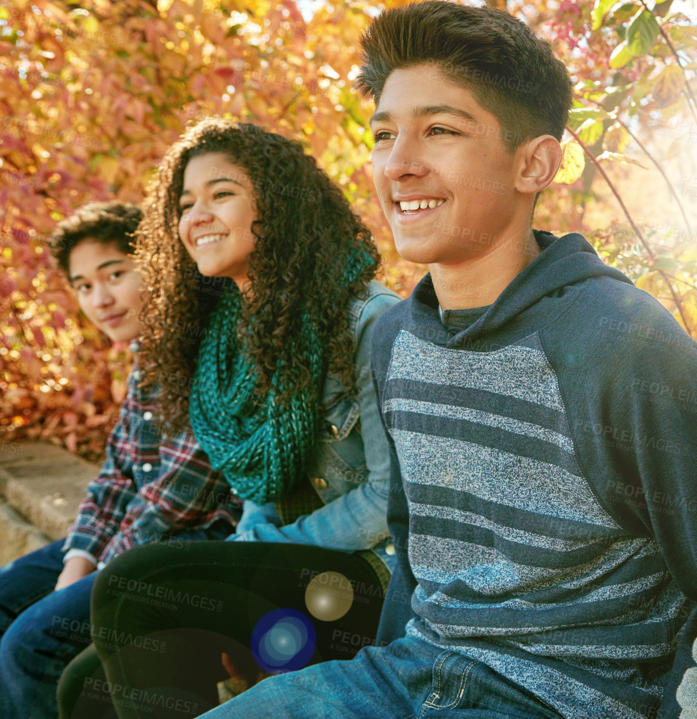 Buy stock photo Shot of a group of young friends enjoying a day at the park together