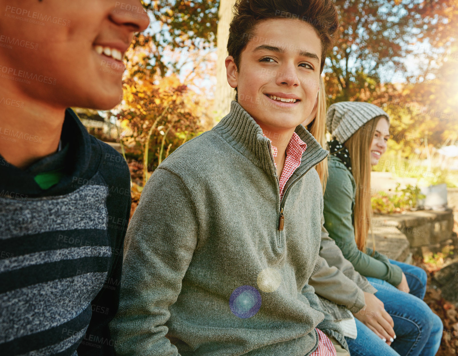 Buy stock photo Shot of a group of young friends enjoying a day at the park together