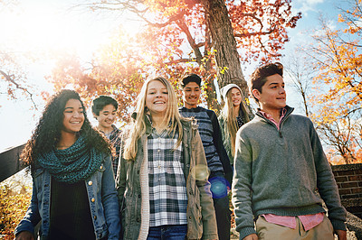 Buy stock photo Shot of a group of teenage friends enjoying an autumn day outside together