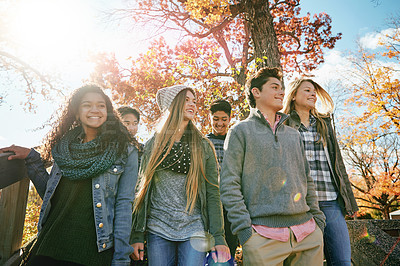 Buy stock photo Shot of a group of teenage friends enjoying an autumn day outside together