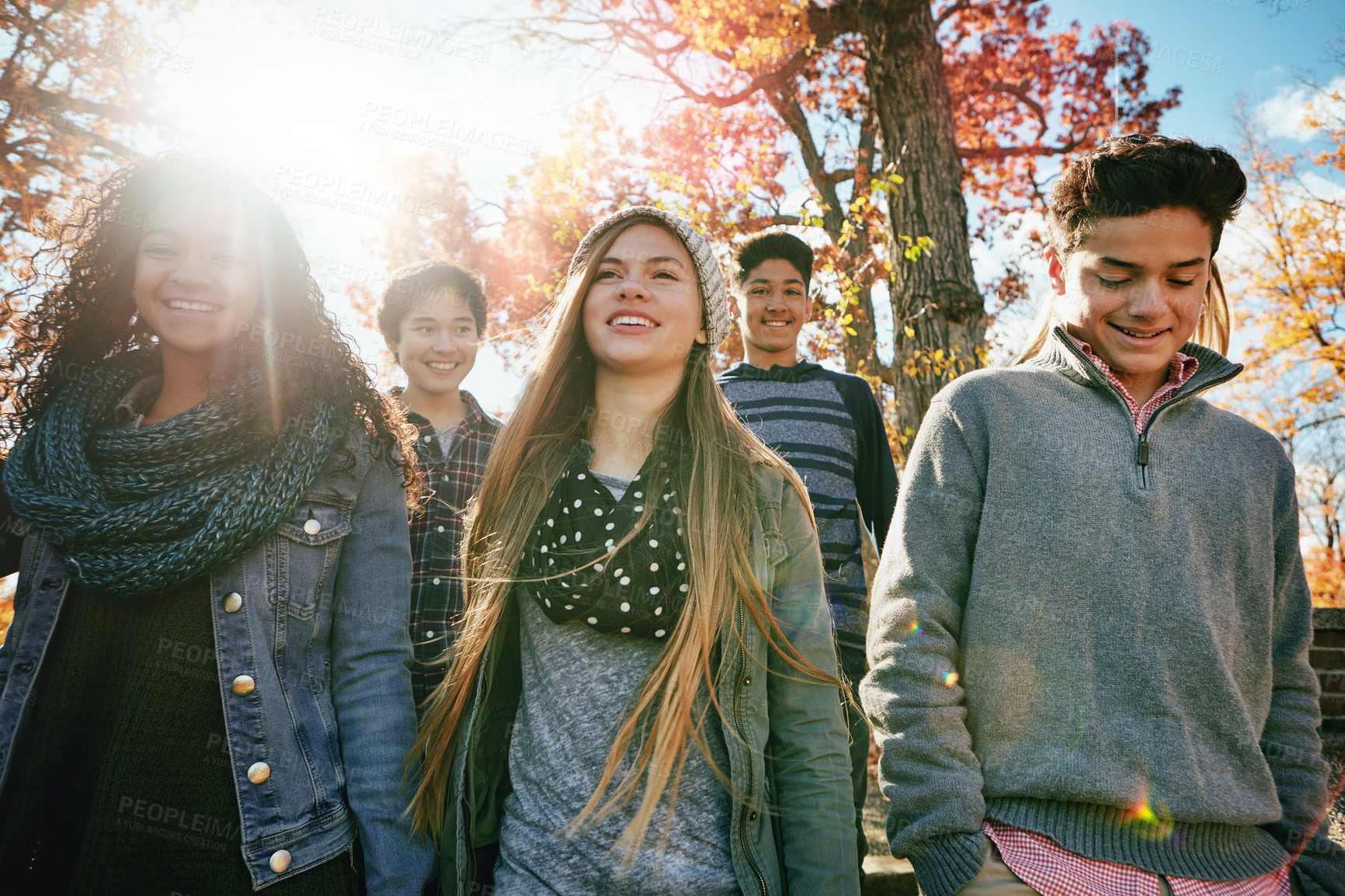 Buy stock photo Smile, conversation and teenage friends in park, journey and bonding together with nature. Lens flare, boys and girls with happiness, explore and travel with weekend break and laughing in Canada