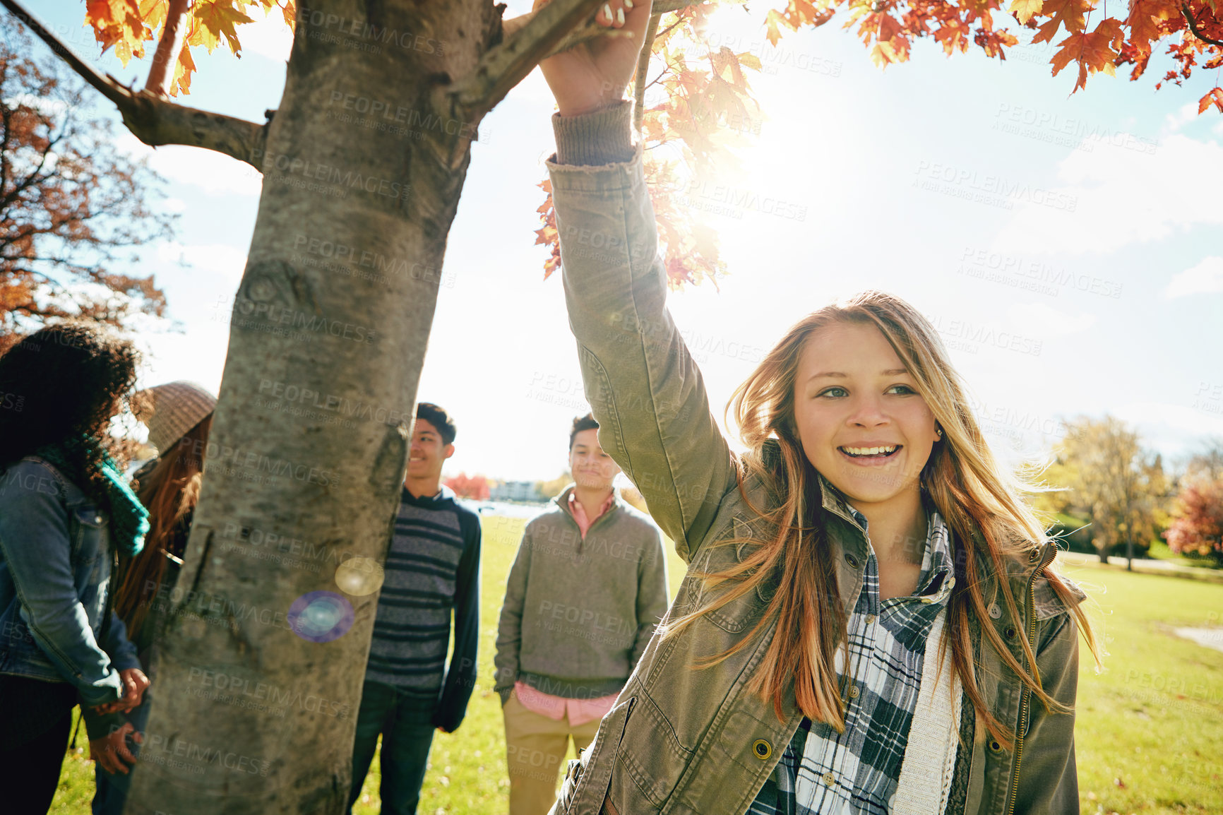 Buy stock photo Shot of a group of teenage friends enjoying an autumn day outside together