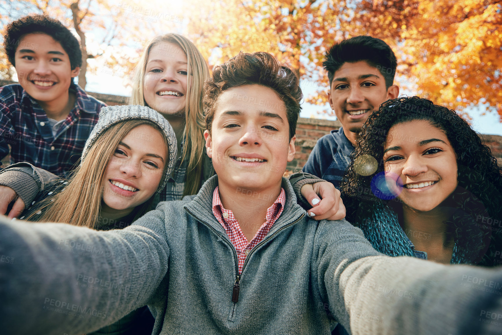 Buy stock photo Teenager, group of friends and selfie in park, nature or fall trees and teens smile, picture of friendship and happiness for social media. Portrait, face and diverse people together for autumn photo