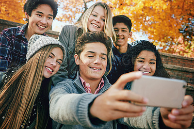 Buy stock photo Selfie, smile or friends in park for social media, online post or profile picture together in autumn or nature. Girls, gen z boys or happy people taking photograph for a fun holiday vacation to relax