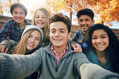 Buy stock photo Friends, teenager and group selfie in the park, nature or fall trees and teens smile, picture of friendship and happiness for social media. Portrait, face and happy people together for autumn photo