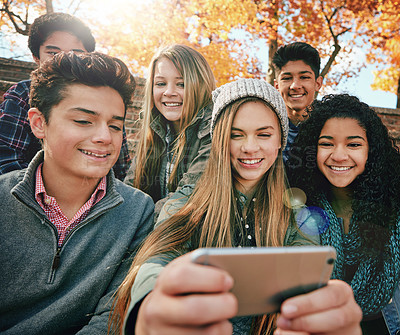 Buy stock photo Selfie, boys or girl friends in park for social media, online post or profile picture in autumn or nature. Smile, freedom or happy gen z students taking photograph on fun holiday vacation to relax