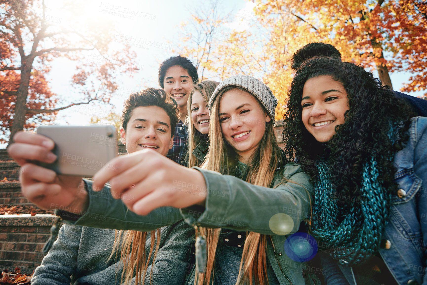 Buy stock photo Selfie, memory or friends in park for social media, online post or profile picture in autumn or nature. Smile, group of boys or happy gen z girls taking photograph on fun holiday vacation together 