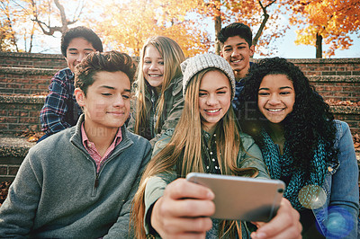 Buy stock photo Selfie, diversity or friends in park for social media, online post or profile picture in autumn or nature. Smile, freedom or happy gen z students taking photograph on fun holiday vacation to relax