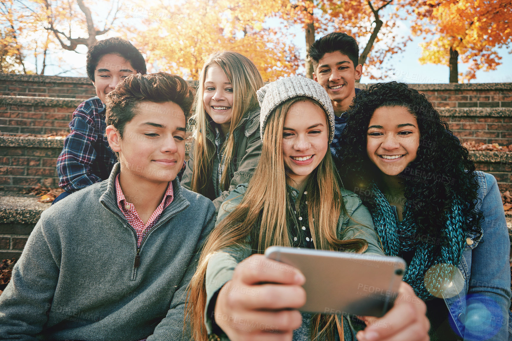 Buy stock photo Selfie, diversity or friends in park for social media, online post or profile picture in autumn or nature. Smile, freedom or happy gen z students taking photograph on fun holiday vacation to relax