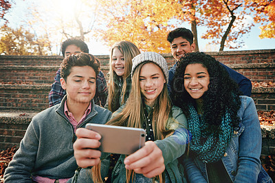 Buy stock photo Selfie, holiday or friends in park for social media, online post or profile picture in autumn or nature. Smile, boys or happy gen z girl students taking photograph on fun vacation to relax together