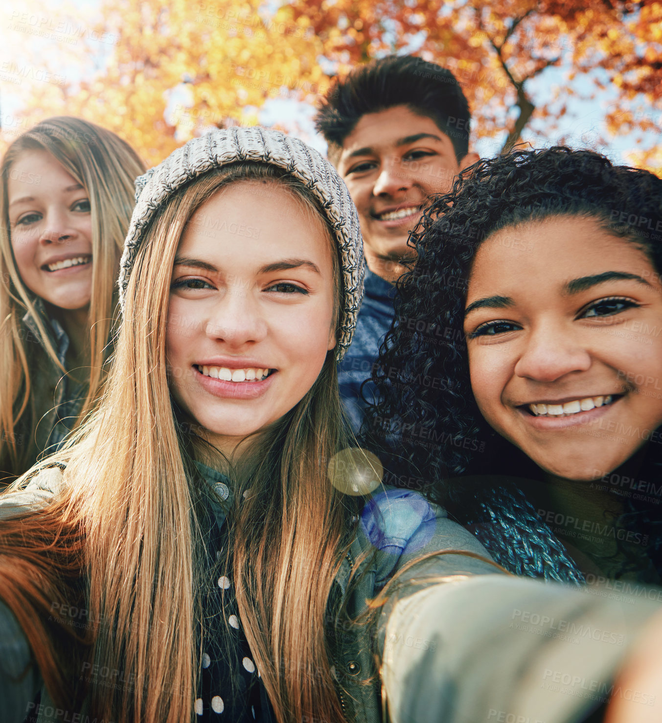 Buy stock photo Selfie, nature or portrait of teenage friends in park for social media, online post or profile picture. Boy, youth or happy gen z girls with smile for photo or fun holiday vacation to relax together