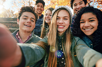 Buy stock photo Selfie, happiness or portrait of friends in park for social media, online post or profile picture together. Boy, diversity or gen z girls with smile for photo for a fun holiday vacation to relax 