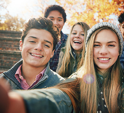 Buy stock photo Selfie, smile or portrait of friends in park for social media, online post or profile picture in autumn. Boy, happy or gen z girls with face for photo for a fun holiday vacation to relax together