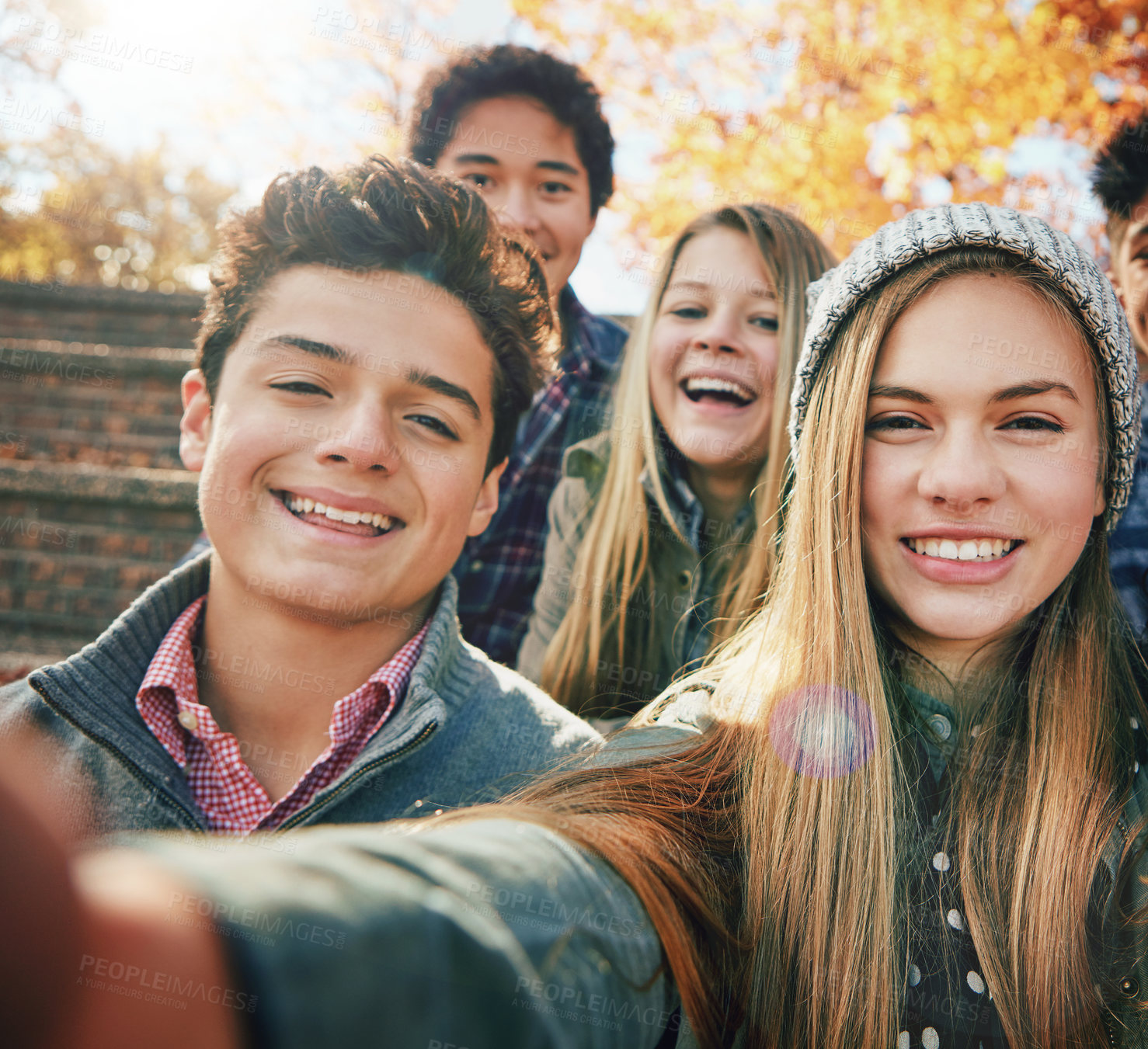 Buy stock photo Selfie, smile or portrait of friends in park for social media, online post or profile picture in autumn. Boy, happy or gen z girls with face for photo for a fun holiday vacation to relax together