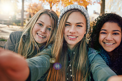 Buy stock photo Selfie, portrait or girl friends in park for social media, online post or profile picture together in nature. Smile, diversity or happy gen z girls in photograph for memory on a fun holiday vacation