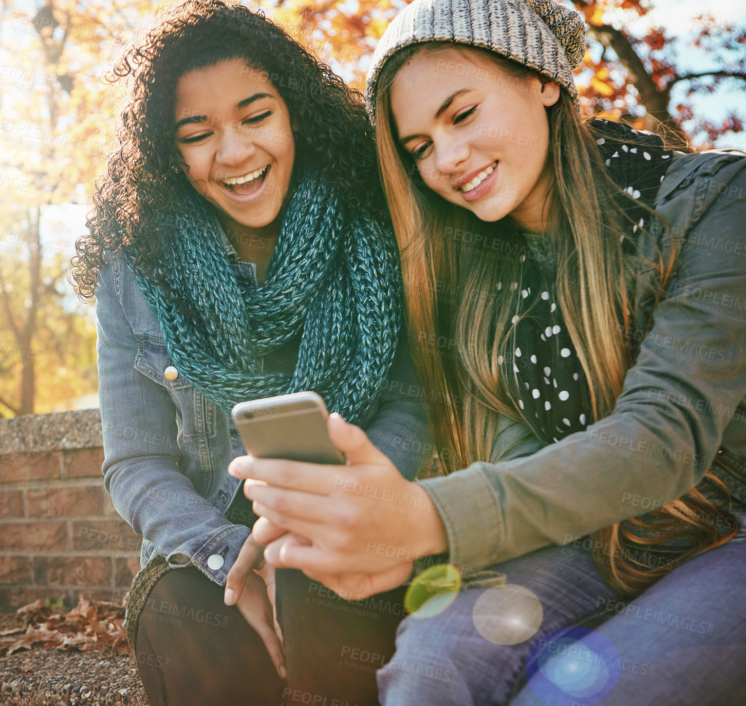 Buy stock photo Phone meme, laugh or friends in park with smile together for holiday vacation outdoors on social media. Happy people, gossip or gen z girls in nature talking, speaking or streaming at a comedy joke