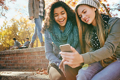 Buy stock photo Phone, students or friends online in park with smile together for holiday vacation outdoors on social media. Happy people, gossip or gen z girls in nature talking, speaking or laughing at comedy joke