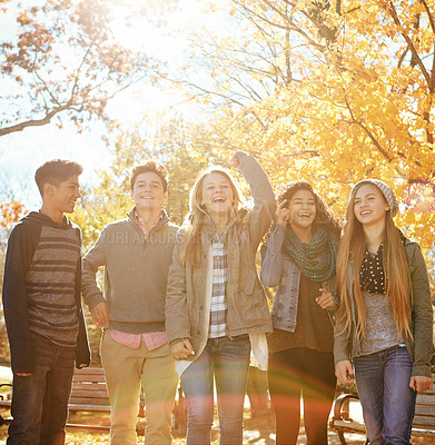 Buy stock photo Shot of a group of teenage friends enjoying an autumn day outside together