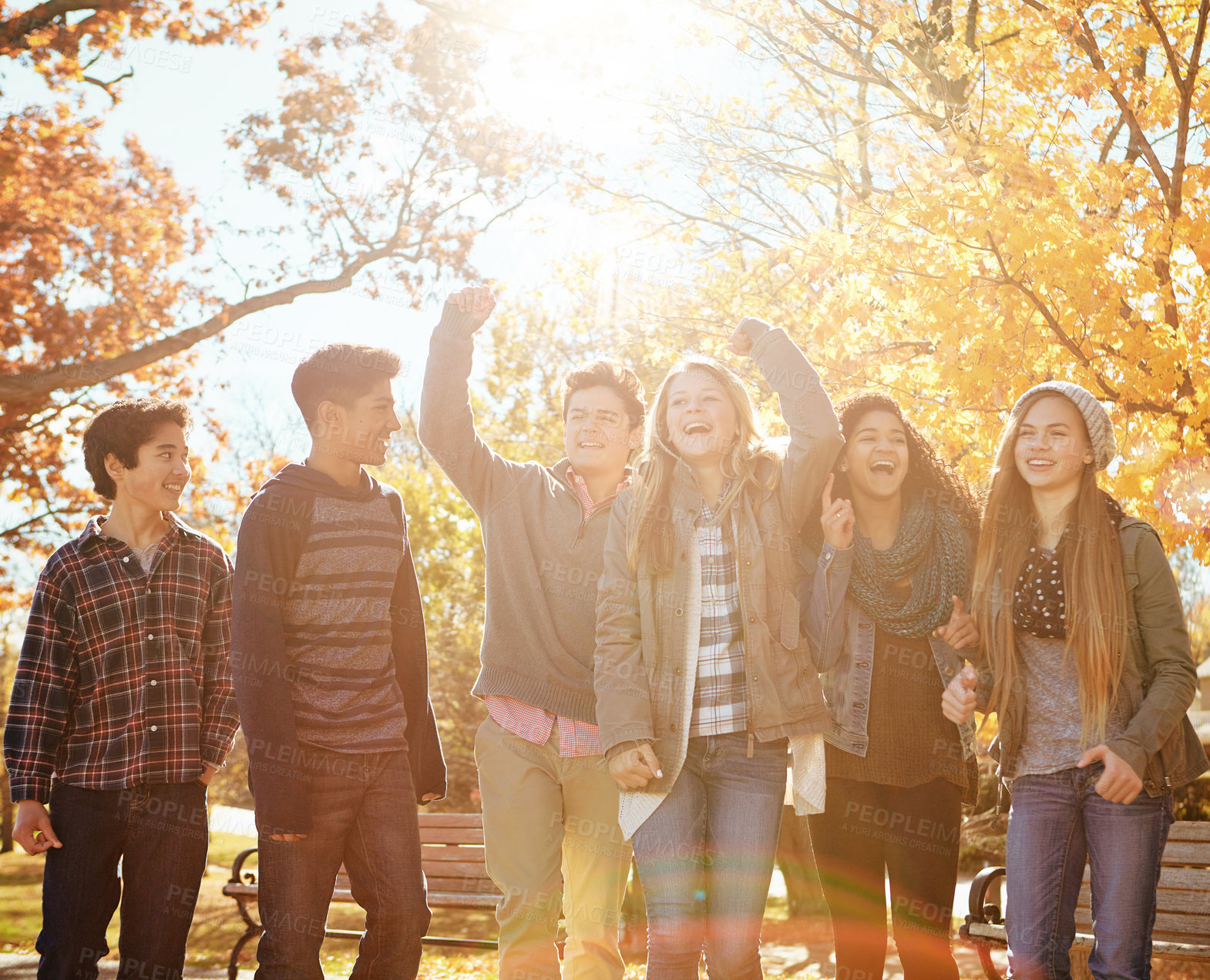 Buy stock photo Shot of a group of teenage friends enjoying an autumn day outside together