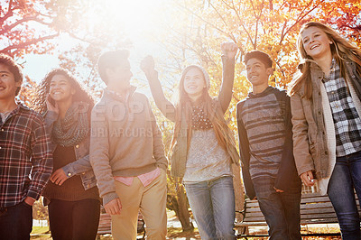 Buy stock photo Shot of a group of teenage friends enjoying an autumn day outside together