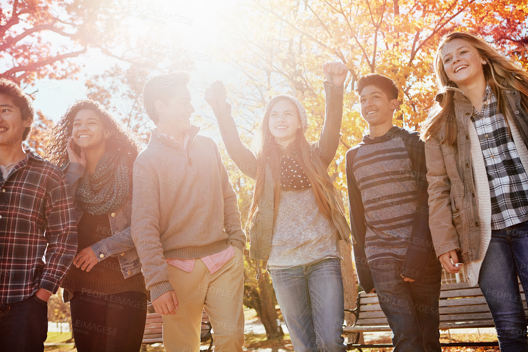 Buy stock photo Shot of a group of teenage friends enjoying an autumn day outside together