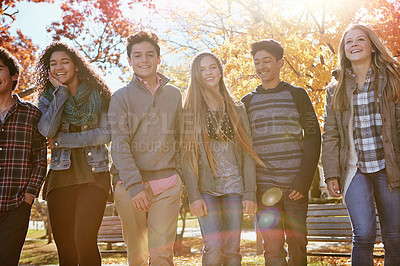 Buy stock photo Shot of a group of teenage friends enjoying an autumn day outside together