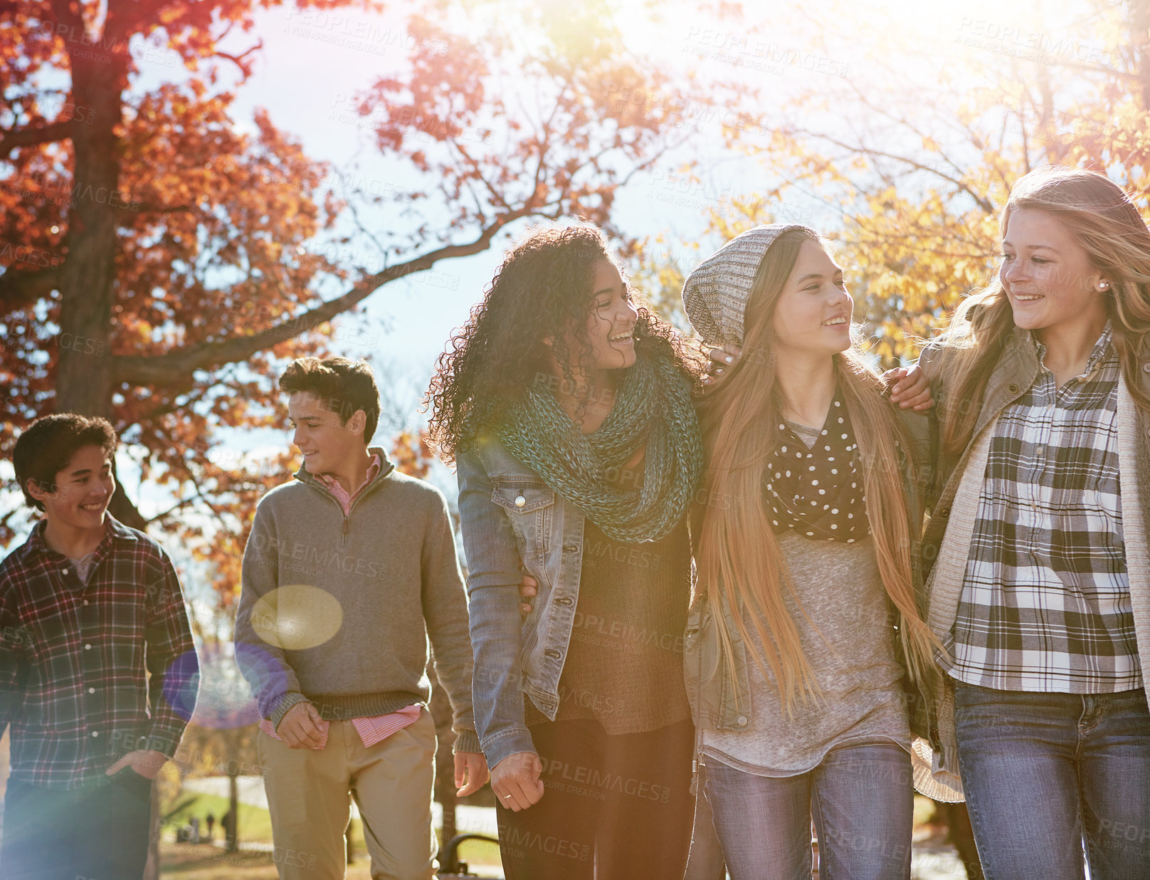 Buy stock photo Shot of a group of teenage friends enjoying an autumn day outside together